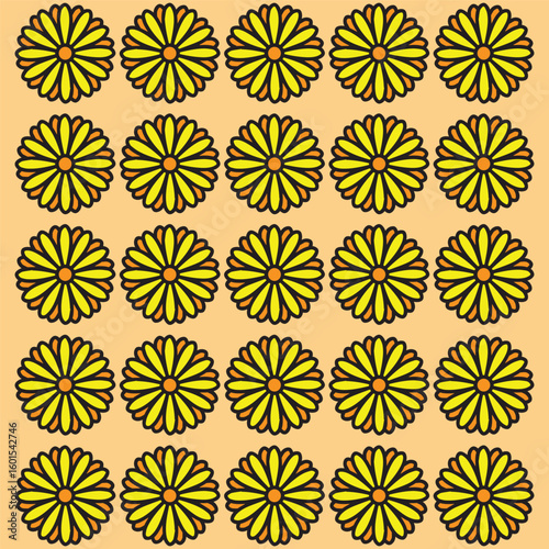 seamless floral pattern, Seamless floral pattern with repetitive yellow flower motifs arranged in a grid layout on a soft peach background