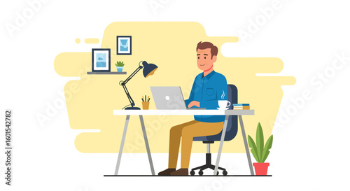 Man working on laptop at home office, perfect for blog, website or presentation.