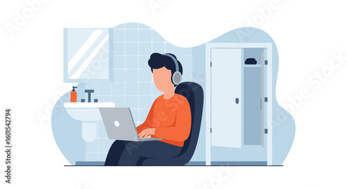 Person working on laptop in bathroom, perfect for illustrating remote work, work-life balance, or unusual workspaces.