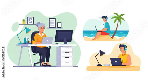 Remote Work Illustration: Diverse People Working from Different Locations, Perfect for Blog Posts and Presentations on Flexible Work.