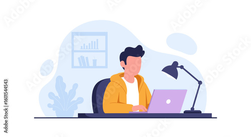 Young man working on laptop at home office, perfect for website banners or blog posts about remote work.
