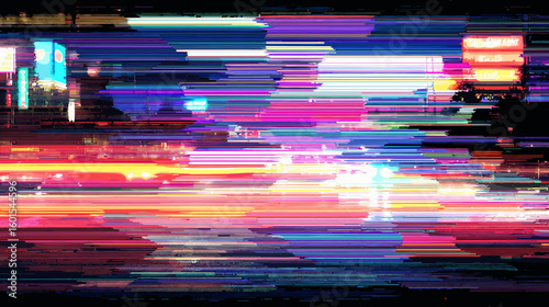 Abstract glitch vector background with colorful light streaks  