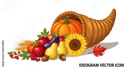Cornucopia overflowing with autumn harvest: pumpkin, apples, pears, eggplant, sunflower, wheat, berries, acorns, and a maple leaf, symbolizing abundance and Thanksgiving.