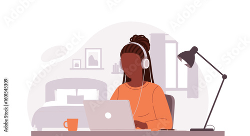 Young Black woman working from home on laptop, wearing headphones. Perfect for blog posts about remote work, freelance, or online learning.