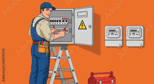 Cartoon illustration of an electrician working on an electrical panel with tools, standing on a ladder, with meters on the wall.
