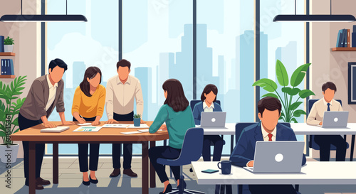 Diverse business team collaborating in a modern office. Ideal for websites, brochures, and presentations.