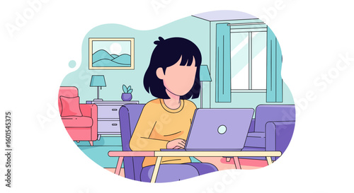 Woman working from home on laptop, illustration for website or blog post about remote work.