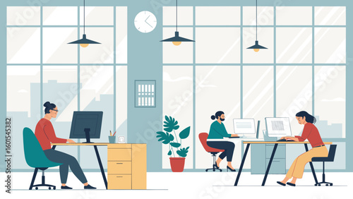 Modern co-working space illustration, perfect for website banners or brochures.