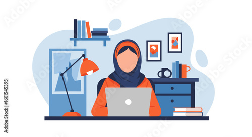 Woman in hijab working on laptop at home office, perfect for remote work, freelance, or online business websites and articles.