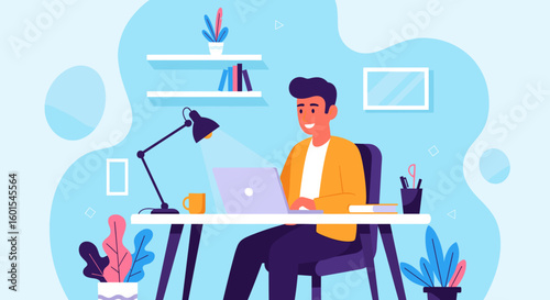 Happy man working on laptop at home office, perfect for website banners or blog posts about remote work.