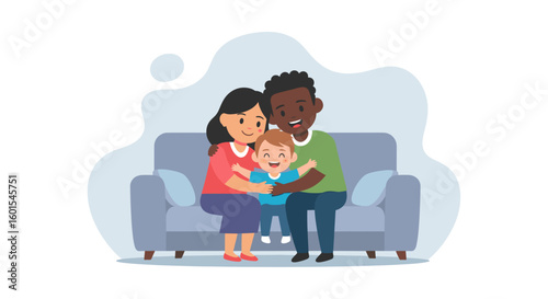 Happy diverse family sitting on a couch, perfect for family blogs, websites, and advertisements.