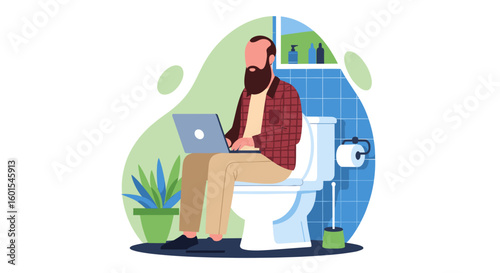 Man working on laptop while sitting on toilet - humorous illustration for website or social media.