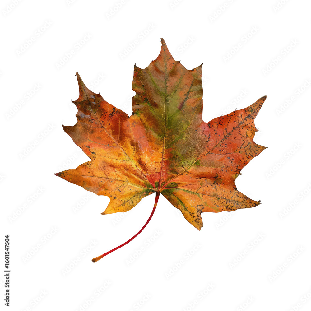 Obraz premium Close-up of a vibrant autumn maple leaf. Its colors range from deep orange to reddish-brown, with hints of green. The leaf's intricate veining is clearly visible