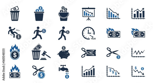 A collection of icons representing financial loss, waste, economic downturn, and budget cuts, depicted in blue and white.