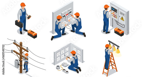 Isometric illustrations depict electricians performing various tasks, including electrical panel work, powerline maintenance, and installing light fixtures.