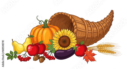 A cornucopia overflowing with autumn harvest fruits, vegetables, and grains including pumpkin, apples, pears, sunflower, eggplant, wheat, and fall leaves.