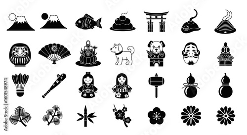 A collection of Japanese icons and symbols arranged in rows, including Mount Fuji, fish, torii gate, dolls, and floral designs, all in black and white.