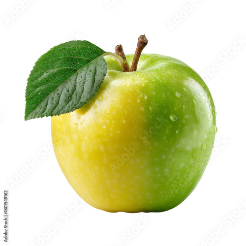 A crisp and juicy apple, glistening with freshness, embodies the essence of natural goodness, with leaf