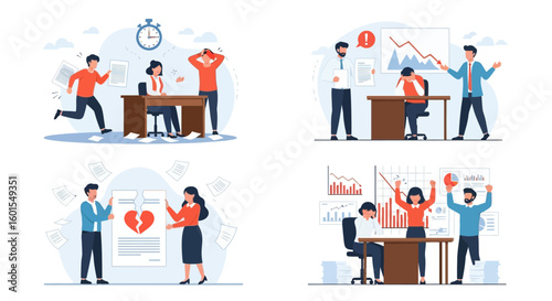 Four illustrations depict stressful office situations: deadline rush, criticism, heartbreak, and finally, success and celebration.