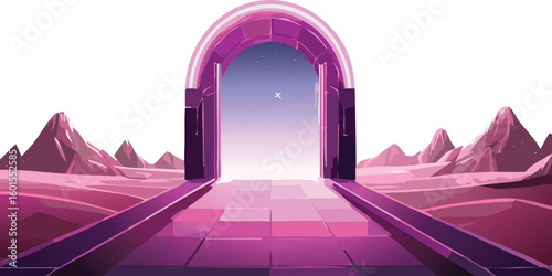 Arch bridge in the night. Glowing Pink Portal in a Night Desert Landscape