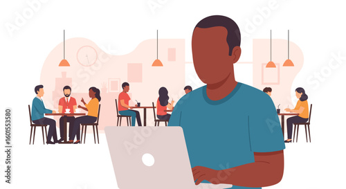 Man working on laptop in a cafe, perfect for illustrating remote work, freelance, or coworking concepts.
