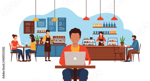 Busy coffee shop scene with people working and socializing, perfect for a cafe website or brochure.