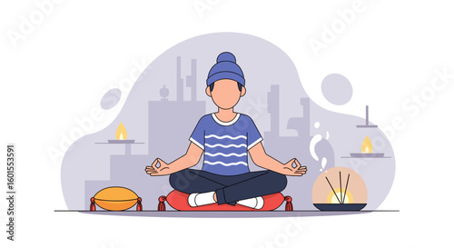 Person meditating, vector illustration for wellness websites and mindfulness apps.