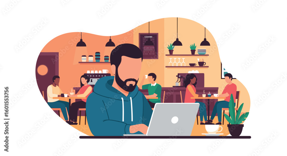 Fototapeta premium Man working on laptop in a busy cafe, perfect for website banners or blog posts about remote work or coffee shop culture.