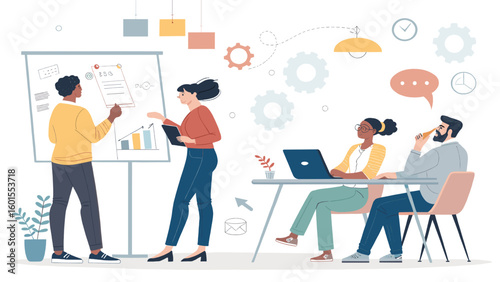 Diverse team brainstorming, presenting data and collaborating. Ideal for website banners, presentations, and marketing materials.