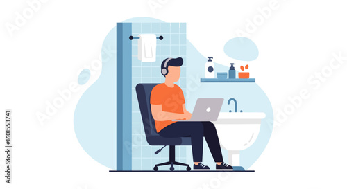 Man working on laptop in bathroom, perfect for illustrating remote work flexibility or work-life balance.