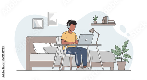 Person working from home on laptop, wearing headphones.  Illustration ideal for blog posts, articles about remote work.