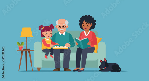 Grandparents spending quality time with their granddaughter, perfect for family, love, and togetherness themes.