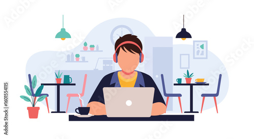 Person working on laptop in a cafe, perfect for blog posts about remote work or co-working spaces.