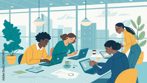 Diverse team collaborating on laptops in a modern office, perfect for website banners or brochures.