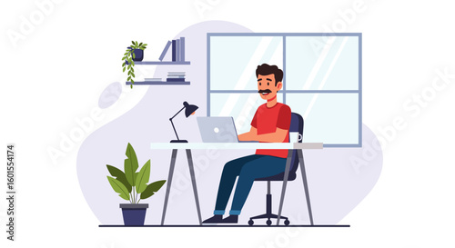 Man working from home at his desk, ideal for remote work and freelance lifestyle blog posts.