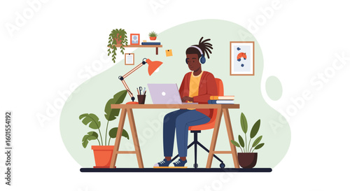 Young man working from home on laptop, perfect for remote work, freelance, or study illustrations.