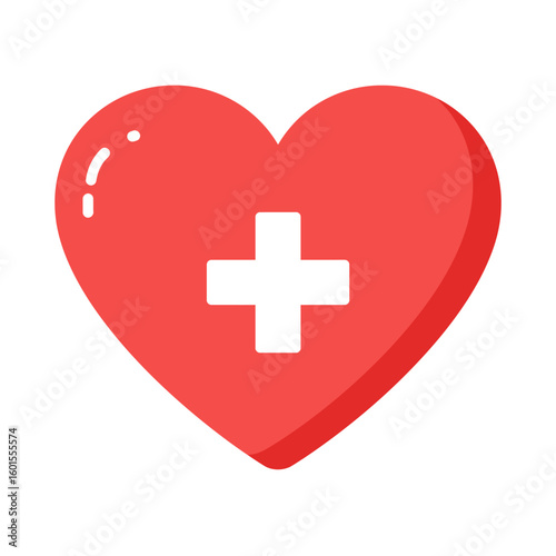 A vibrant red heart shape with a white cross symbol, representing healthcare and well-being.