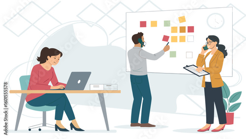 Diverse team collaborating on a project, perfect for illustrating teamwork and productivity on a company website or brochure.