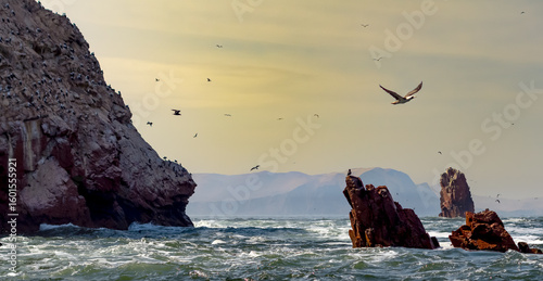 Islas Ballestas, Peru, perú. Beautiful sunset. Rocks, birds.