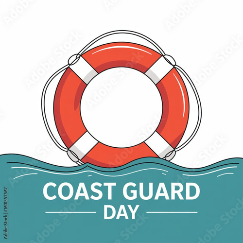 Coast Guard Day. Red lifebuoy continuous single minimalist one line art illustration.  vector background, banner, poster with lettering coast guard isolated on white background