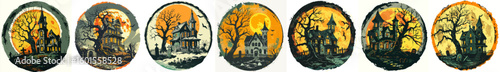 Set of Retro 1930s Halloween Illustrations of a haunted house with cemetery and dead tree in front of a full yellow moon