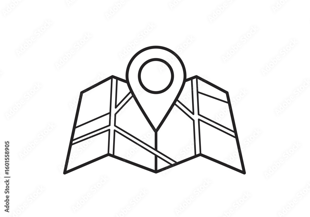 Black Outline Map with Location Pin Icon Graphic Black Outline Map with Location Pin Icon Graphic