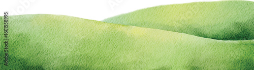 Minimalist watercolor illustration of simple, rolling green hills with a smooth texture and soft color gradients, isolated on white with ample copy space for clean design projects.