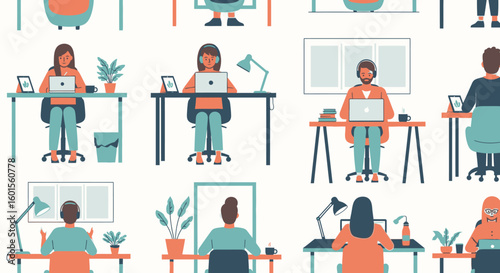 Multiple stylized figures working at various desks, showcasing different perspectives and activities.
