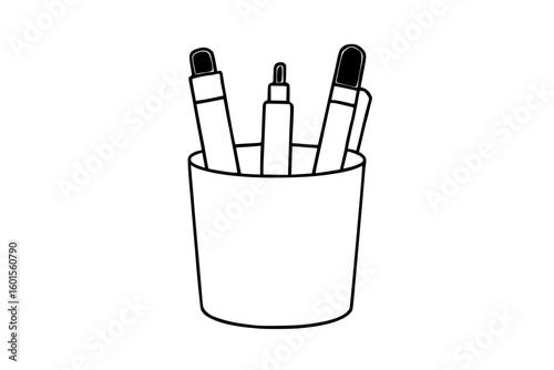 Isolated Line Art Pen Holder with Writing Instruments
