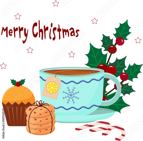 Christmas and New Year card. Cup of lemon tea, cake, cookies and lollipops. Sweet treat for Christmas. Waiting for winter holidays. Holiday card. Vector illustration. 