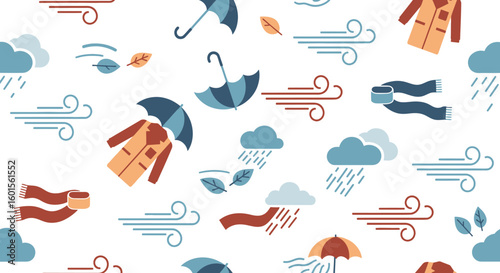 A vibrant seamless pattern illustrating various elements of autumn weather, including rain, wind, umbrellas, coats, and falling leaves.