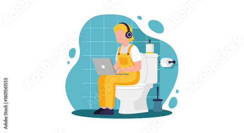 Person working on laptop while sitting on toilet, vector illustration for blog or website.