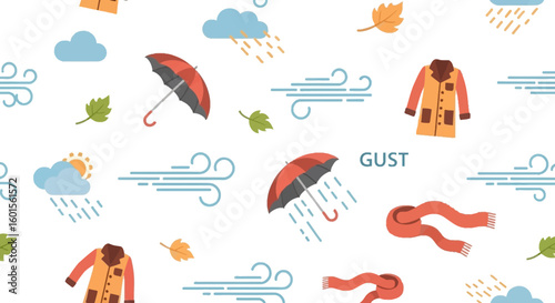 Seamless pattern illustrating various autumn weather elements including rain clouds, wind gusts, falling leaves, umbrellas, coats, and scarves.