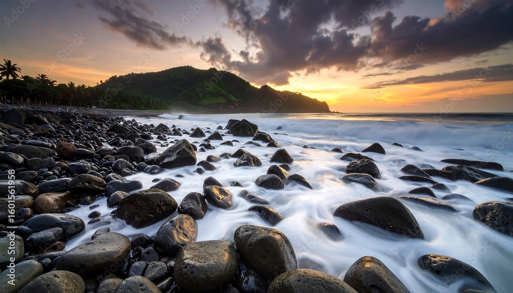 Obraz premium Sunset over a volcanic beach